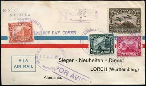Nicaragua 1932 Reko-Ersttagsbriefbrief FDC 557a Flugpost Lorch WIPA-Vignette/117