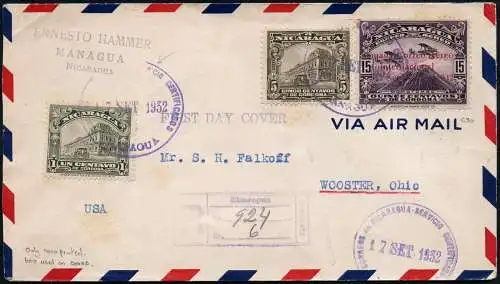 Nicaragua 1932 Reko-Ersttagsbrief FDC 560 Flugwoche Wooster USA  / 119