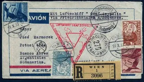 Zeppelin 1933 Österreich Chicagofahrt Reko-Brief Wien Argentinien Si 238 A /2060