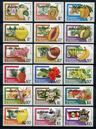 Barbuda 1983 Freimarken Blüten Früchte Wappen Blossoms Fruits 691-708 MNH