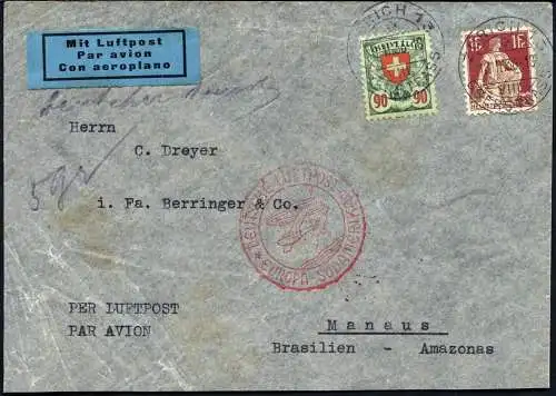 Katapult 1936 Schweiz Zürich Manaus Brasilien Brief MiF Catapult 441 / 931
