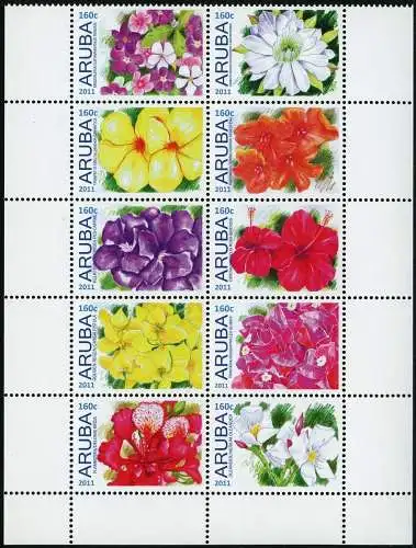 Aruba 2011 Blüten Blumen Pflanzen Bougainvillea Oleander Flowers 545-554 MNH