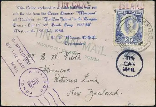 Tonga 1936 Tin Can Mail Blechdosenpost Brief Niuafo`ou Neuseeland / 692