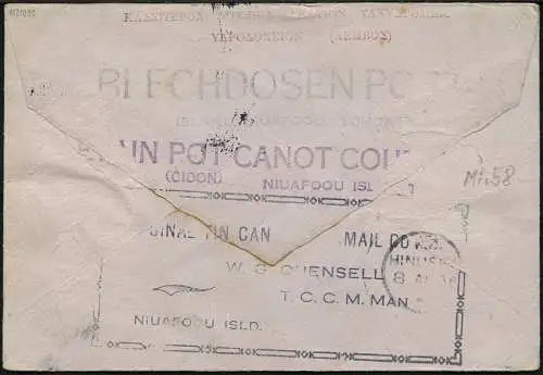 Tonga 1936 Tin Can Mail Blechdosenpost Brief Niuafo`ou Neuseeland / 692