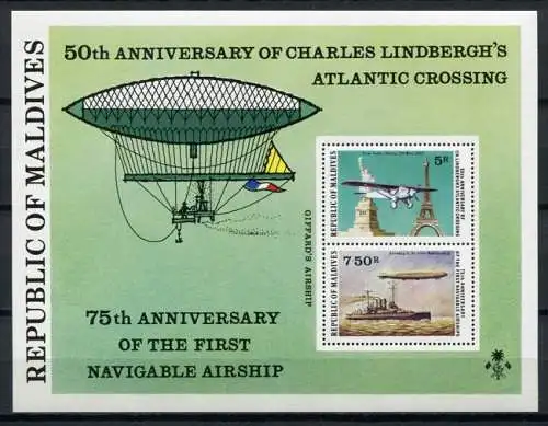 Malediven Maldive 1977 Lindbergh Flugzeug Zeppelin Block 47 Postfrisch MNH