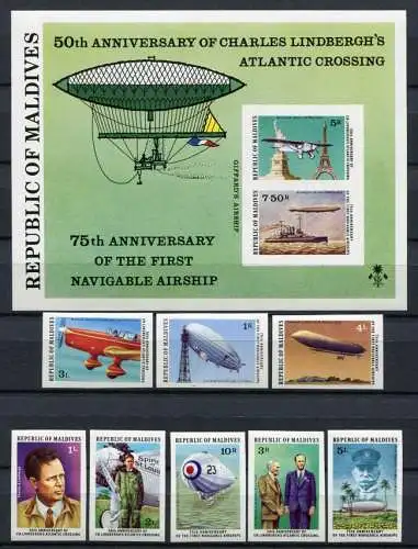 Malediven 1977 Lindbergh Flugzeuge Zeppelin Luftfahrt 721-728 B Block 47 B MNH