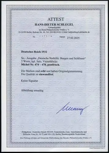 Dt. Reich 1932 Nothilfe 474-478 Viererblocks Luxus Fotoattest Schlegel BPP / 1