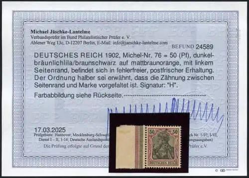 Dt. Reich 1902 Germania 76 Rand Postfrisch Luxus Fotobefund Jäschke-L. BPP / 11