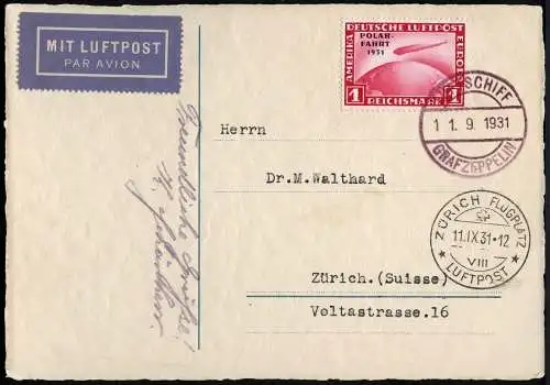 Zeppelin 1931 Dt. Reich Schweizfahrt Bordpost 1 RM Polarfahrt Si 127 Ab / 2307
