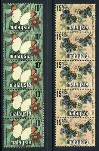 Malaysia 1976 Schmetterlinge Butterflies 5er-Streifen Coil Strips 143-44 MNH