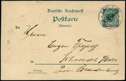 Kiautschou 1901 Vorläufer-Karte VP 3 Antwortteil Taputur 27.2.01 Schwedt RAR/ 80