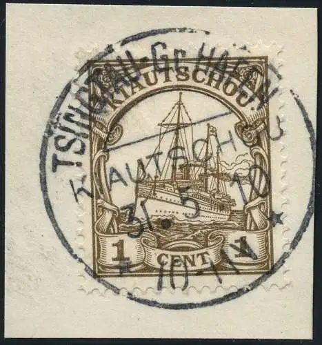 Kiautschou 1906 Michel 28 Briefstück 31/5/10 Tsingtau-Gr. Hafen Luxus /67