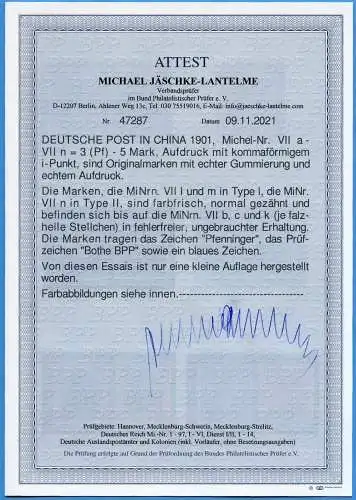 DP China 1901 Michel VIIa-VIIn Essais Ungebraucht Foto-Attest Jäschke BPP RAR /7