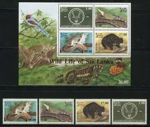 Sri Lanka 1994 Tiere Naturschutz Naturschutz Animals 1063-1066 Block 56 MNH
