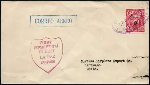 Bolivien Bolivia 1928 Erstflugbrief Santiago Chile Early First Flight Cover / 92