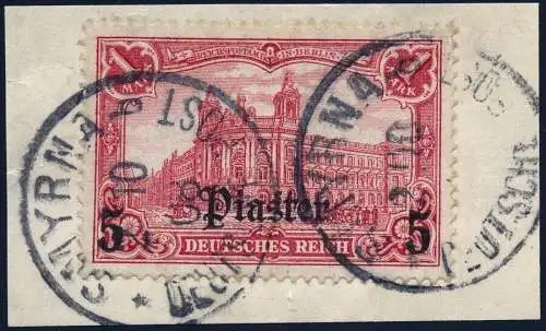 DP Türkei 1907 Michel 44 Briefstück Luxus ° Smyrna Geprüft Hollmann BPP / 60