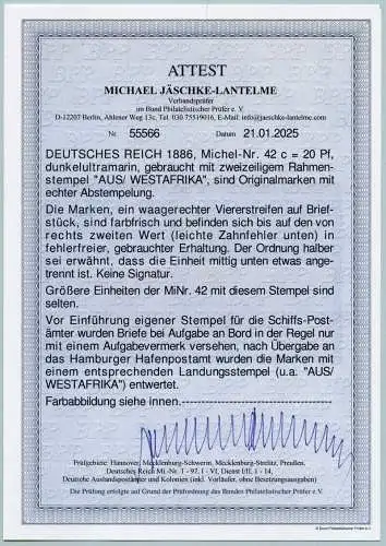Dt. Seepost 1886 Aus Westafrika DR 42 c Viererstreifen Briefstück Attest BPP / 3