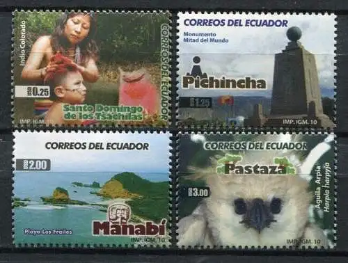 Ecuador 2010 Tourismus Provinzen Indios Harpyie Küste Denkmal 3251-3254 MNH