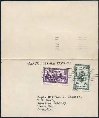 Kambodscha Khmere 1956 Doppel-Postkarte komplett USA und zurück gelaufen / 5