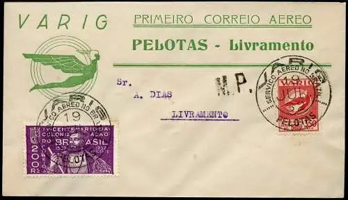 Brasilien 1932 VARIG First Flight Cover MiF V15 Pelotas Livramento / 237