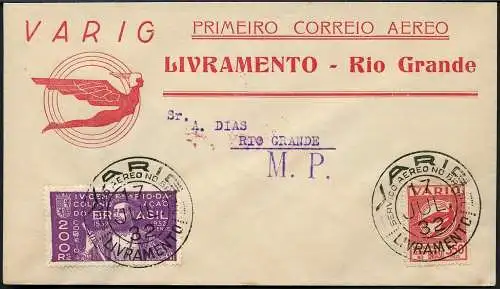 Brasilien 1932 VARIG First Flight Cover MiF V15 Livramento - Rio Grande / 242