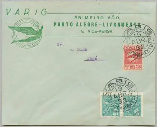 Brasilien 1932 VARIG First Flight Cover MiF V15 Porto Alegre - Livramento / 2