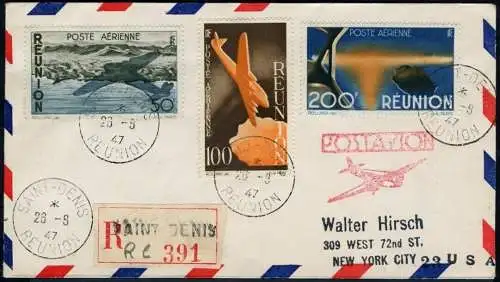 Reunion 1947 Reko-Brief Flugpost 328-330 Flugzeuge Saint Denis nach New York/772