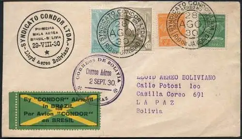 Brasilien 1930 FFC Erstflugbrief MiF Condor C2 + C4 Rio La Paz Bolivien / 233
