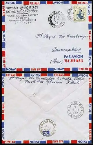 Kambodscha Khmere 1957 Erstflugbrief FFC RAC  Phnom-Penh > Savannakhet Laos / 41