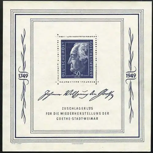 SBZ Sowjetische Zone 1949 Block 6 Johann Wolfgang von Goethe MNH M€ 220,00 