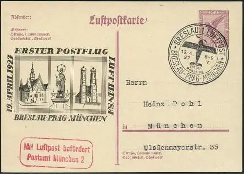 Dt. Reich 1927 Privat-Postkarte PP 89 C3 1. Postflug Lufthansa Breslau / 57
