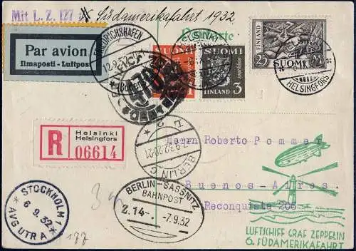 Zeppelin 1932 Finnland 6. SAF Reko-Karte Helsinki Argentinien Si 177 / 2351