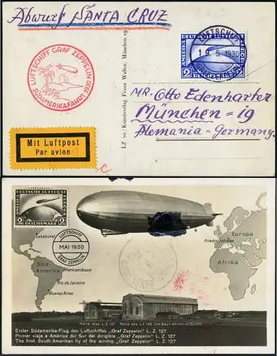 Zeppelin 1930 Südamerikafahrt AK Bordpost Abwurf Praia Santa Cruz Si 57 B / 1282