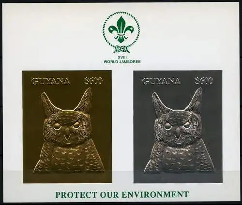 Guyana 1993 Vögel Eule Owl Birds Gold Silber 4132-4133 Kollektivblock MNH / 485