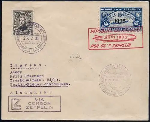 Zeppelin 1935 Paraguay 8. SAF Reko-Brief 45 Pesos Berlin Si 312 I / 2363