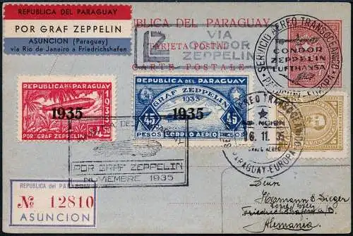 Zeppelin 1935 Paraguay 16. SAF 2. Pendelfahrt Reko-Karte F`hafen Si 335 / 2365