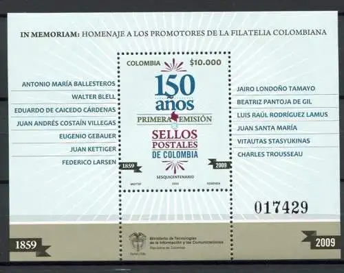 Kolumbien Colombia 2009 150 Jahre Briefmarken Stamps Block 76 MNH