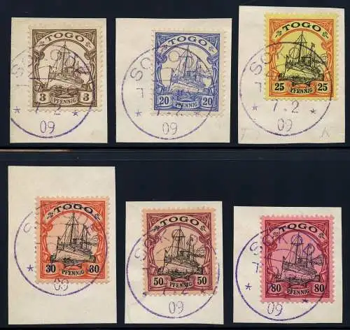 Togo 1909 Michel ex 7-15 ° Sokode Violett 7.2.09 ERSTTAG Briefstücke Luxus / 26