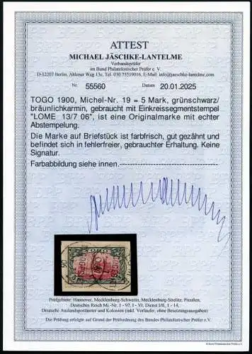 Togo 1900 Michel 19 Kaiseryacht 5 Mark ° Lome Briefstück Luxus Attest BPP / 43