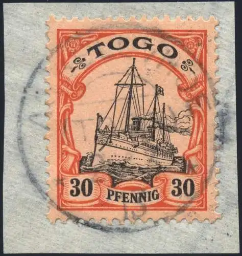Togo 1913 Michel 12 Kaiseryacht ° Agbeluvhoe 26/3/13 Briefstück Befund BPP / 54