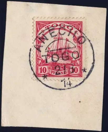 Togo 1914 Michel 22 ° Anecho 2.8.14 Kriegsdatum Briefstück Luxus Bothe BPP / 32