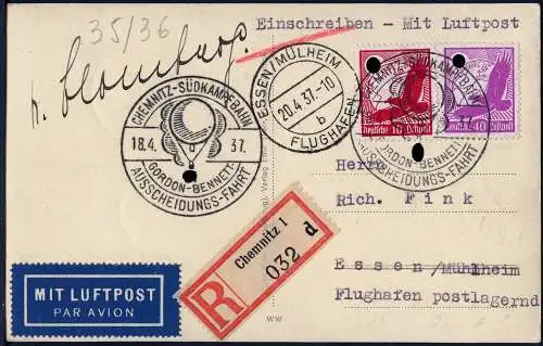 Dt. Reich 1937 Reko-AK Gordon Bennett Chemnitz Blomberg Pilot Unterschrift /1015