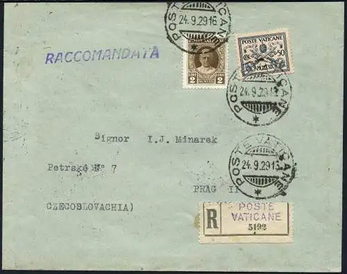Vatikan 1929 Reko-Brief MiF nach Prag Tschechoslowakei / 837
