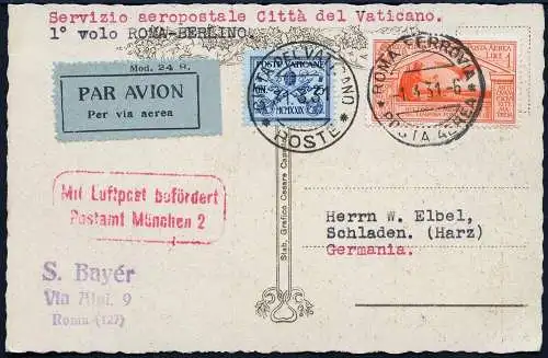 Vatikan 1931 Erstflugkarte First Flight Card FFC MiF Italien Rom Berlin / 838