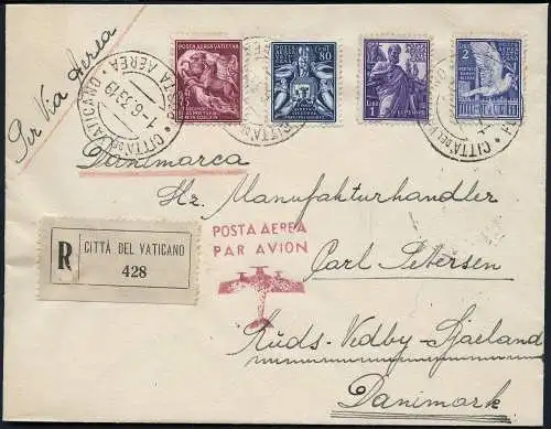 Vatikan 1939 Reko-Brief MiF Rom - Dänemark Ruds Vedby Airmail Roma Denmark / 840