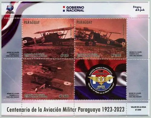 Paraguay 2023 Luftwaffe Militär Flugzeuge Luftfahrt Doppeldecker Block MNH