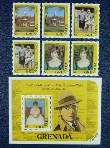Grenada 1982 Lady Diana 21. Geburtstag Royalty 1160-1165 Block 106 MNH