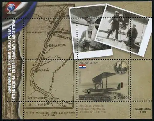 Paraguay 2019 Erstflug Flugzeug Wasserflugzeug Luftfahrt Landkarte Block MNH