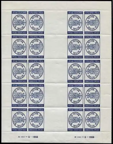 Finnland Finland 1956 100 Jahre Briefmarken FINLANDIA Kpl. Bogen 457 Postfrisch