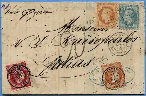 Frankreich 1868 Nachporto-Brief Marseille Patras Griechenland Hermes-Köpfe / 16